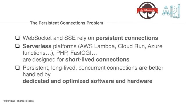 @dunglas - mercure.rocks
The Persistent Connections Problem
❏ WebSocket and SSE rely on persistent connections
❏ Serverless platforms (AWS Lambda, Cloud Run, Azure
functions…), PHP, FastCGI… 
are designed for short-lived connections
❏ Persistent, long-lived, concurrent connections are better
handled by 
dedicated and optimized software and hardware
