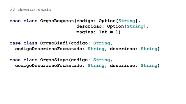 // domain.scala
case class OrgaoRequest(codigo: Option[String],
descricao: Option[String],
pagina: Int = 1)
case class OrgaoSiafi(codigo: String,
codigoDescricaoFormatado: String, descricao: String)
case class OrgaoSiape(codigo: String,
codigoDescricaoFormatado: String, descricao: String)
