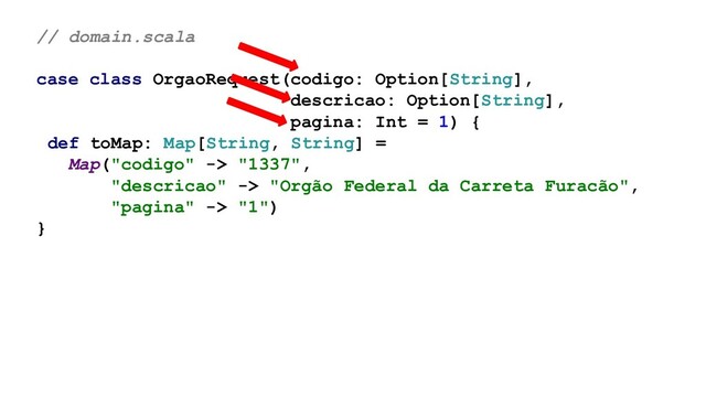 // domain.scala
case class OrgaoRequest(codigo: Option[String],
descricao: Option[String],
pagina: Int = 1) {
def toMap: Map[String, String] =
Map("codigo" -> "1337",
"descricao" -> "Orgão Federal da Carreta Furacão",
"pagina" -> "1")
}
