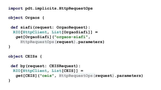import pdt.implicits.HttpRequestOps
object Orgaos {
def siafi(request: OrgaoRequest):
RIO[HttpClient, List[OrgaoSiafi]] =
get[OrgaoSiafi]("orgaos-siafi",
HttpRequestOps(request).parameters)
}
object CEISs {
def by(request: CEISRequest):
RIO[HttpClient, List[CEIS]] =
get[CEIS]("ceis", HttpRequestOps(request).parameters)
}
