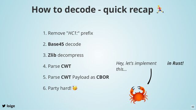 How to decode - quick recap
loige
1. Remove "HC1:" preﬁx
2. Base45 decode
3. Zlib decompress
4. Parse CWT
5. Parse CWT Payload as CBOR
6. Party hard!
🥳
Hey, let's implement
this...
in Rust!
42
