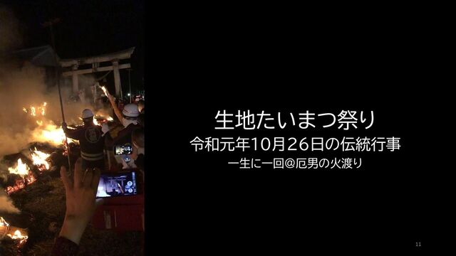 11
生地たいまつ祭り
令和元年10月26日の伝統行事
一生に一回＠厄男の火渡り
