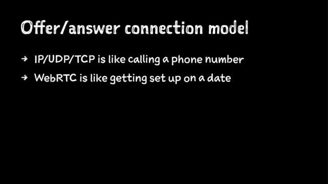 Offer/answer connection model
4 IP/UDP/TCP is like calling a phone number
4 WebRTC is like getting set up on a date
