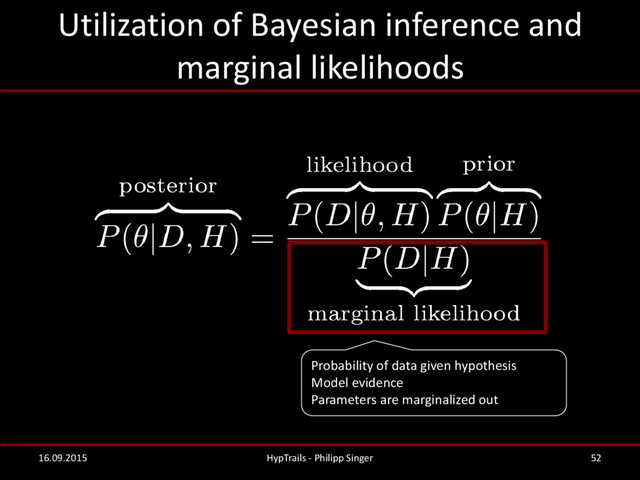 Utilization of Bayesian inference and
marginal likelihoods
16.09.2015 HypTrails - Philipp Singer 52
Probability of data given hypothesis
Model evidence
Parameters are marginalized out
