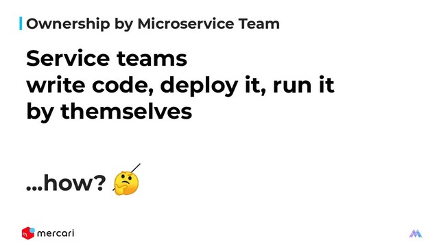 Ownership by Microservice Team
...how? 
Service teams
write code, deploy it, run it
by themselves
