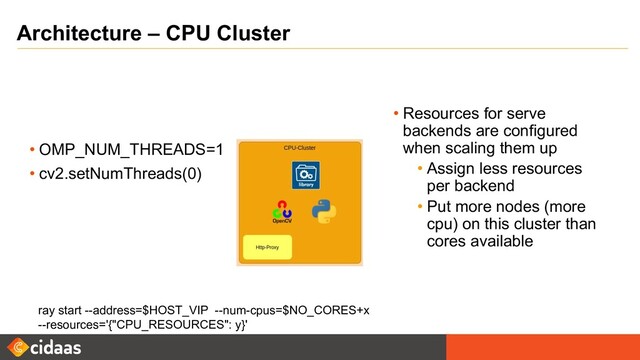 Architecture – CPU Cluster
• Resources for serve
backends are configured
when scaling them up
• Assign less resources
per backend
• Put more nodes (more
cpu) on this cluster than
cores available
ray start --address=$HOST_VIP --num-cpus=$NO_CORES+x
--resources='{"CPU_RESOURCES": y} '
• OMP_NUM_THREADS=1
• cv2.setNumThreads(0)

