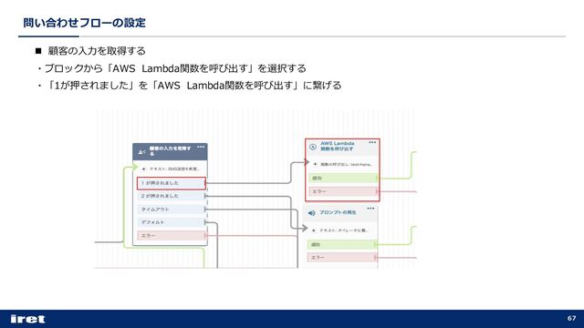 問い合わせフローの設定
67
n 顧客の⼊⼒を取得する
・ブロックから「AWS Lambda関数を呼び出す」を選択する
・「1が押されました」を「AWS Lambda関数を呼び出す」に繋げる
