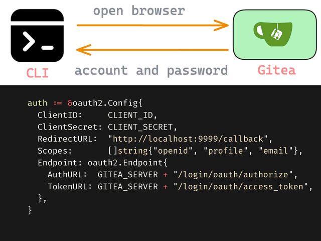 auth
: =
&oauth2.Conf
i
g{


ClientID
:
CLIENT_ID,


ClientSecret: CLIENT_SECRET,


RedirectURL
:
"http:
/ /
localhost:9999/callback",


Scopes: []string{"openid", "prof
i
le", "email"},


Endpoint: oauth2.Endpoint{


AuthURL
:
GITEA_SERVER + "/login/oauth/authorize",


TokenURL
:
GITEA_SERVER + "/login/oauth/access_token",


},


}


