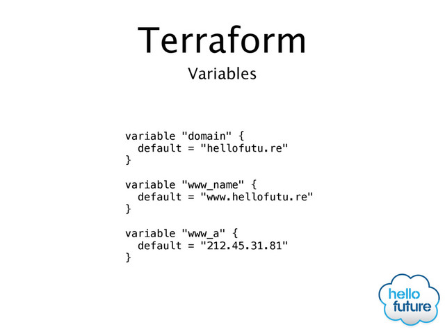 Terraform
variable "domain" {
default = "hellofutu.re"
}
variable "www_name" {
default = "www.hellofutu.re"
}
variable "www_a" {
default = "212.45.31.81"
}
Variables
