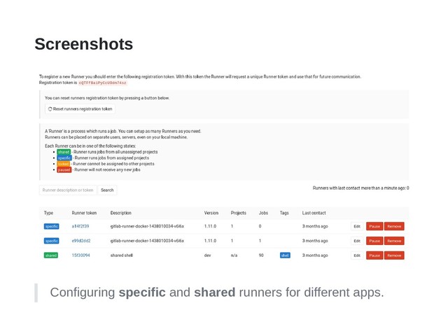 Screenshots
Configuring specific and shared runners for different apps.
