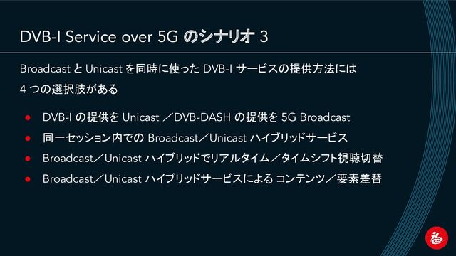 DVB-I Service over 5G のシナリオ 3
Broadcast と Unicast を同時に使った DVB-I サービスの提供方法には
4 つの選択肢がある
● DVB-I の提供を Unicast ／DVB-DASH の提供を 5G Broadcast
● 同一セッション内での Broadcast／Unicast ハイブリッドサービス
● Broadcast／Unicast ハイブリッドでリアルタイム／タイムシフト視聴切替
● Broadcast／Unicast ハイブリッドサービスによる コンテンツ／要素差替
