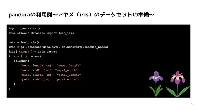panderaの利用例〜アヤメ（iris）のデータセットの準備〜
6
import pandas as pd
from sklearn.datasets import load_iris
data = load_iris()
iris = pd.DataFrame(data.data, columns=data.feature_names)
iris["target"] = data.target
iris = iris.rename(
columns={
"sepal length (cm)": "sepal_length",
"sepal width (cm)": "sepal_width",
"petal length (cm)": "petal_length",
"petal width (cm)": "petal_width",
}
)
