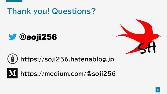 38
Thank you! Questions?
＠soji256
https://medium.com/@soji256
https://soji256.hatenablog.jp
