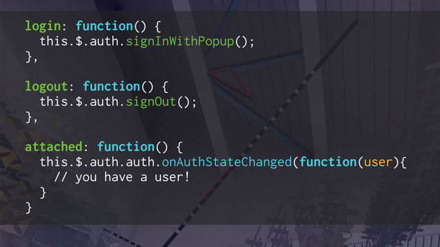 login: function() {
this.$.auth.signInWithPopup();
},
logout: function() {
this.$.auth.signOut();
},
attached: function() {
this.$.auth.auth.onAuthStateChanged(function(user){
// you have a user!
}
}

