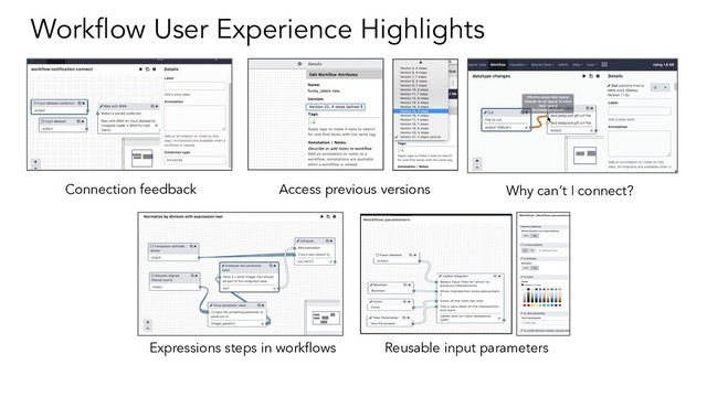 Workﬂow User Experience Highlights
Connection feedback Access previous versions Why can’t I connect?
Expressions steps in workﬂows Reusable input parameters
