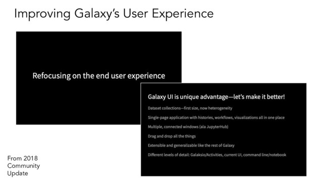 Improving Galaxy’s User Experience
From 2018
Community
Update
