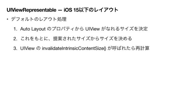 UIViewRepresentable — iOS 15ҎԼͷϨΠΞ΢τ
• σϑΥϧτͷϨΞ΢τॲཧ

1. Auto Layout ͷϓϩύςΟ͔Β UIView ͕ͳΕΔαΠζΛܾఆ

2. ͜ΕΛ΋ͱʹɺఏҊ͞ΕͨαΠζ͔ΒαΠζΛܾΊΔ

3. UIView ͷ invalidateIntrinsicContentSize() ͕ݺ͹ΕͨΒ࠶ܭࢉ
