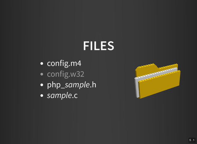 FILES
config.m4
php_sample.h
sample.c
config.w32
5 . 1
