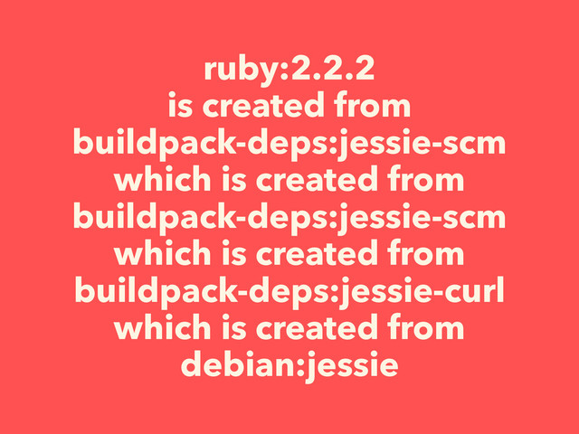 ruby:2.2.2
is created from
buildpack-deps:jessie-scm
which is created from
buildpack-deps:jessie-scm
which is created from
buildpack-deps:jessie-curl
which is created from
debian:jessie
