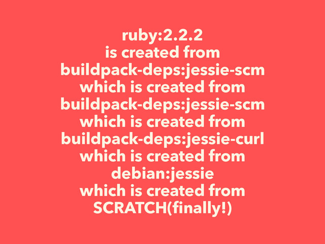 ruby:2.2.2
is created from
buildpack-deps:jessie-scm
which is created from
buildpack-deps:jessie-scm
which is created from
buildpack-deps:jessie-curl
which is created from
debian:jessie
which is created from
SCRATCH(ﬁnally!)
