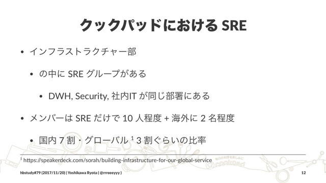 ΫοΫύουʹ͓͚Δ SRE
• ΠϯϑϥετϥΫνϟʔ෦
• ͷதʹ SRE άϧʔϓ͕͋Δ
• DWH, Security, ࣾ಺IT ͕ಉ͡෦ॺʹ͋Δ
• ϝϯόʔ͸ SRE ͚ͩͰ 10 ਓఔ౓ + ւ֎ʹ 2 ໊ఔ౓
• ࠃ಺ 7 ׂɾάϩʔόϧ 1 3 ׂ͙Β͍ͷൺ཰
1 h$ps:/
/speakerdeck.com/sorah/building-infrastructure-for-our-global-service
hbstudy#79 (2017/11/20) | Yoshikawa Ryota ( @rrreeeyyy ) 12
