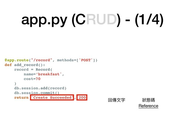 app.py (CRUD) - (1/4)
@app.route("/record", methods=['POST'])
def add_record():
record = Record(
name=‘breakfast',
cost=70
)
db.session.add(record)
db.session.commit()
return 'Create Succeeded', 200 回傳⽂文字 狀狀態碼

Reference
