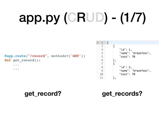 app.py (CRUD) - (1/7)
@app.route("/record", methods=['GET'])
def get_record():
...
...
get_record? get_records?

