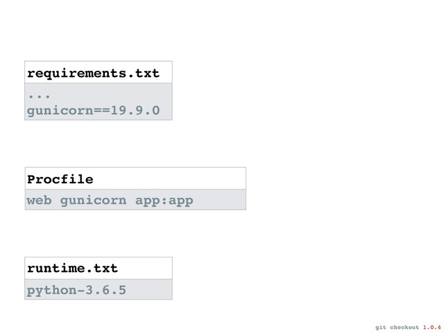 requirements.txt
...
gunicorn==19.9.0
Procfile
web gunicorn app:app
runtime.txt
python-3.6.5
git checkout 1.0.4
