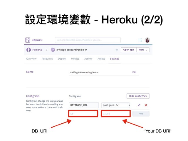 設定環境變數 - Heroku (2/2)
DB_URI ‘Your DB URI’
