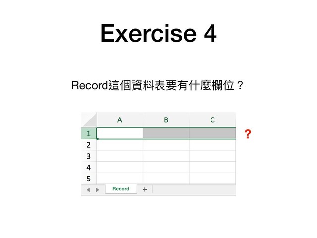 Exercise 4
Record這個資料表要有什什麼欄欄位？
?
