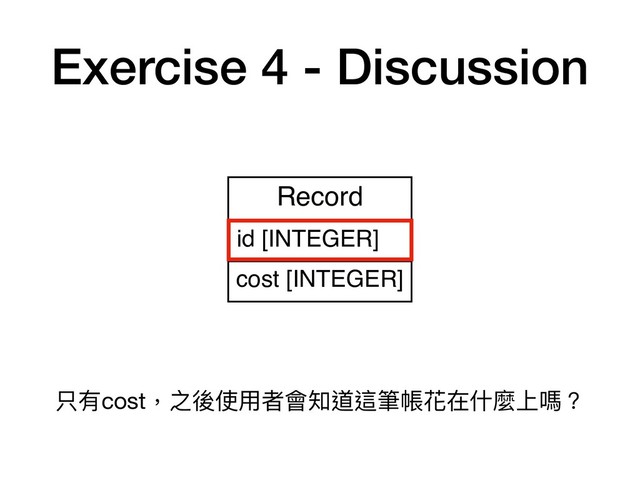 Exercise 4 - Discussion
Record
id [INTEGER]
cost [INTEGER]
只有cost，之後使⽤用者會知道這筆帳花在什什麼上嗎？

