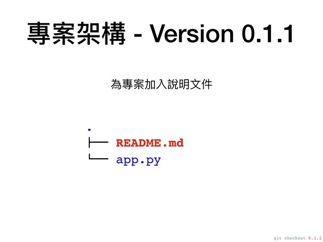 專案架構 - Version 0.1.1
.
#"" README.md
!"" app.py
git checkout 0.1.1
為專案加入說明⽂文件
