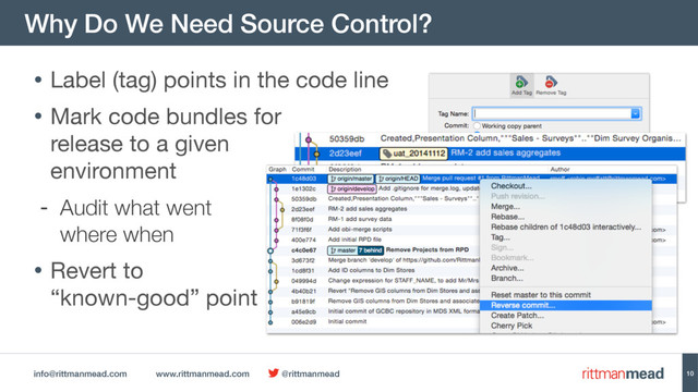 info@rittmanmead.com www.rittmanmead.com @rittmanmead
Why Do We Need Source Control?
10
• Label (tag) points in the code line

• Mark code bundles for  
release to a given  
environment

- Audit what went  
where when
• Revert to  
“known-good” point

