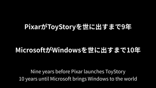 PixarがToyStoryを世に出すまで9年
MicrosoftがWindowsを世に出すまで10年
Nine years before Pixar launches ToyStory
10 years until Microsoft brings Windows to the world
