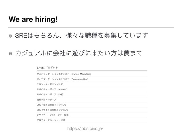 We are hiring!
SRE͸΋ͪΖΜɺ༷ʑͳ৬छΛืू͍ͯ͠·͢
ΧδϡΞϧʹձࣾʹ༡ͼʹདྷ͍ͨํ͸๻·Ͱ
https://jobs.binc.jp/
