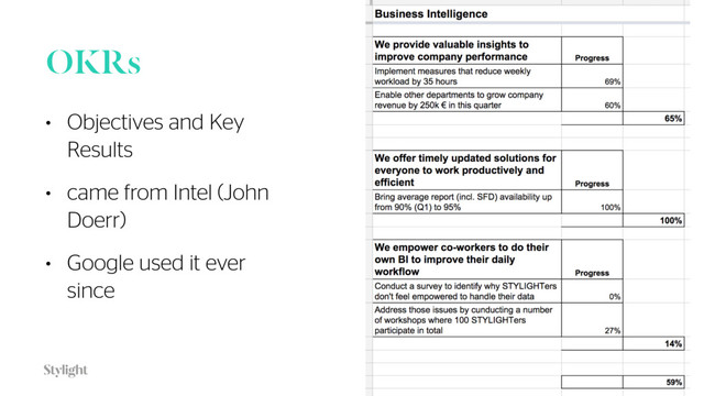 OKRs
• Objectives and Key
Results
• came from Intel (John
Doerr)
• Google used it ever
since
17
