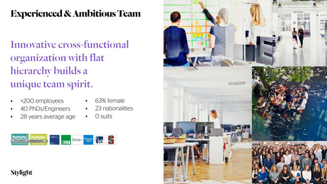 Experienced & Ambitious Team
Innovative cross-functional
organization with flat
hierarchy builds a  
unique team spirit.
• +200 employees
• 40 PhDs/Engineers
• 28 years average age
• 63% female
• 23 nationalities
• 0 suits
3
