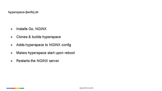 @juliaferraioli ‹#›
‹#›
● Installs Go, NGINX
● Clones & builds hyperspace
● Adds hyperspace to NGINX config
● Makes hyperspace start upon reboot
● Restarts the NGINX server
hyperspace-[be/fe].sh
