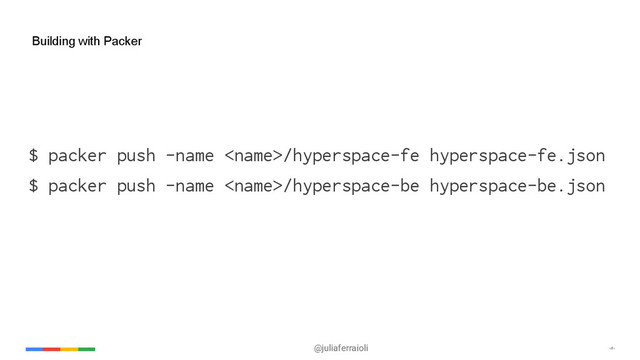 @juliaferraioli ‹#›
Building with Packer
$ packer push -name /hyperspace-fe hyperspace-fe.json
$ packer push -name /hyperspace-be hyperspace-be.json
