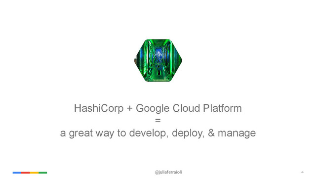@juliaferraioli ‹#›
HashiCorp + Google Cloud Platform
=
a great way to develop, deploy, & manage
