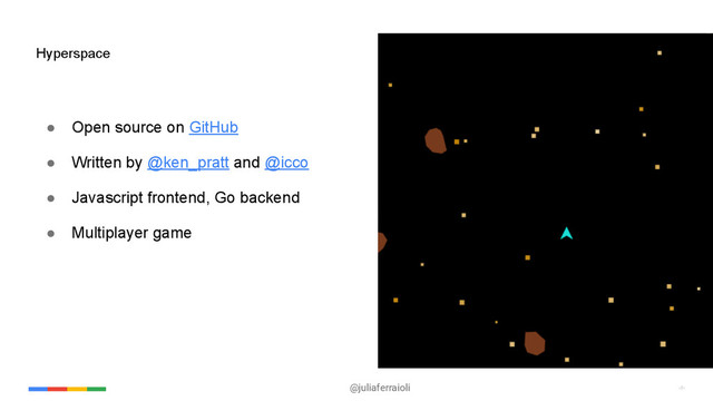 @juliaferraioli ‹#›
‹#›
● Open source on GitHub
● Written by @ken_pratt and @icco
● Javascript frontend, Go backend
● Multiplayer game
Hyperspace
