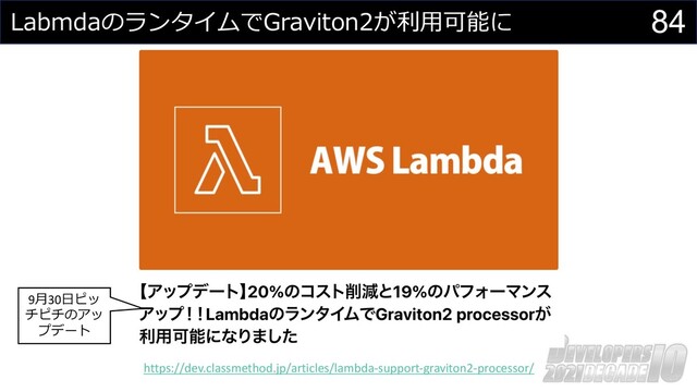 84
LabmdaのランタイムでGraviton2が利⽤可能に
https://dev.classmethod.jp/articles/lambda-support-graviton2-processor/
9⽉30⽇ピッ
チピチのアッ
プデート
