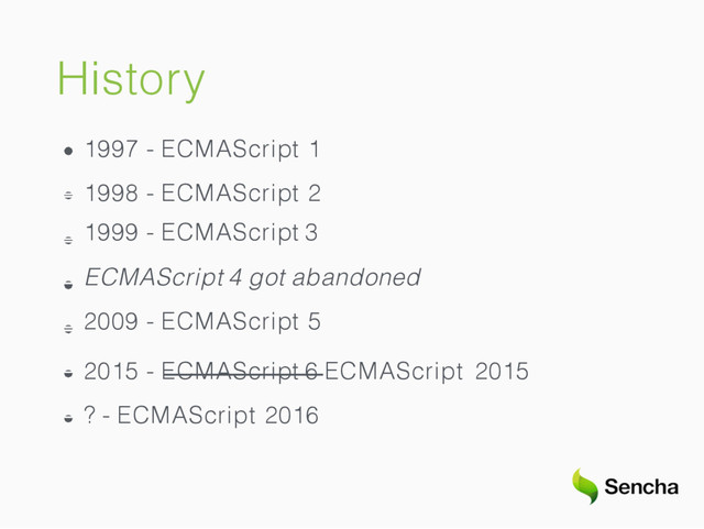 History
1997 - ECMAScript 1
1998 - ECMAScript 2
1999 - ECMAScript 3
ECMAScript 4 got abandoned
2009 - ECMAScript 5
2015 - ECMAScript 6 ECMAScript 2015
? - ECMAScript 2016
