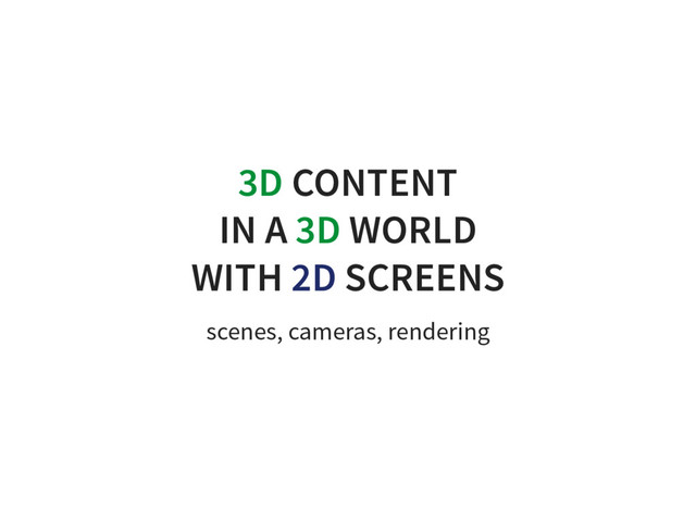 3D CONTENT
IN A 3D WORLD
WITH 2D SCREENS
scenes, cameras, rendering
