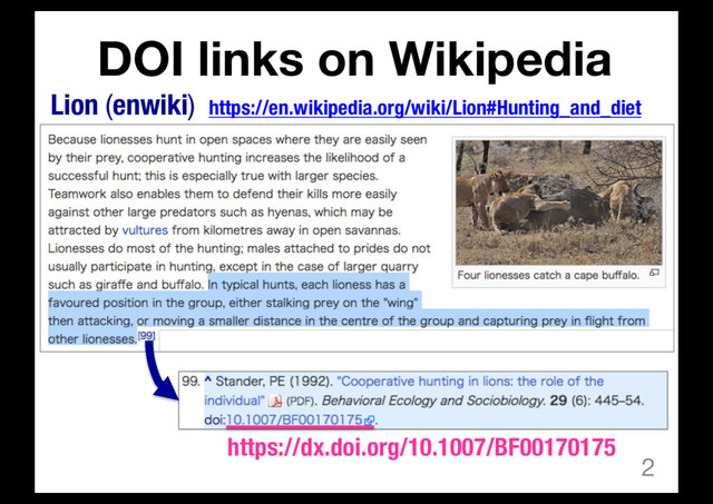 2
Lion (enwiki) https://en.wikipedia.org/wiki/Lion#Hunting_and_diet
DOI links on Wikipedia
https://dx.doi.org/10.1007/BF00170175
