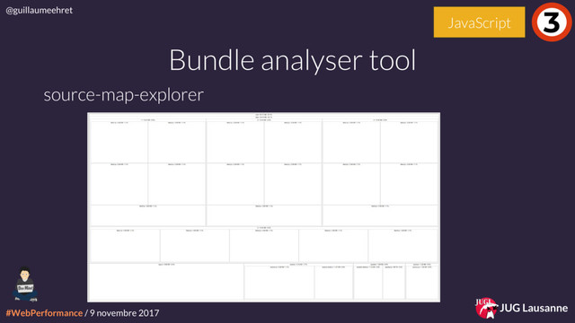#WebPerformance / 9 novembre 2017
@guillaumeehret
JUG Lausanne
Bundle analyser tool
3
JavaScript
source-map-explorer

