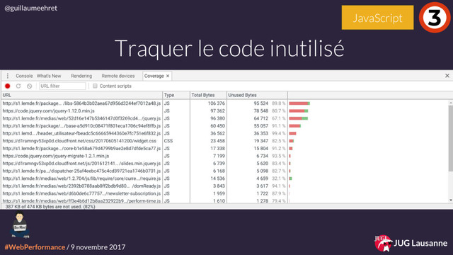 #WebPerformance / 9 novembre 2017
@guillaumeehret
JUG Lausanne
Traquer le code inutilisé
3
JavaScript
