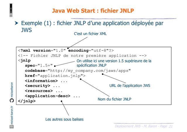 21
Déploiement JWS - M. Baron - Page
mickael-baron.fr mickaelbaron
Java Web Start : fichier JNLP
 Exemple (1) : fichier JNLP d’une application déployée par
JWS



 ...
 ...
 ...
 ...

C’est un fichier XML
On utilise ici une version 1.5 supérieure de la
spécification JNLP
URL de l’application JWS
Nom du fichier JNLP
Les autres sous balises
