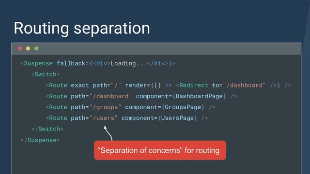 Routing separation
Loading...}>

 } />





“Separation of concerns” for routing
