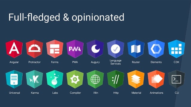 Full-ﬂedged & opinionated
Angular Protractor Forms PWA Augury
Language
Services
Router Elements CDK
Universal Karma Labs Compiler i18n Http Material Animations CLI

